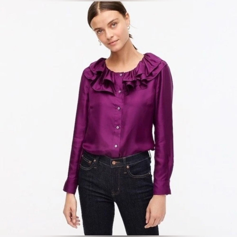 J Crew Collection Silk Twill Purple Ruffle Blouse XXS